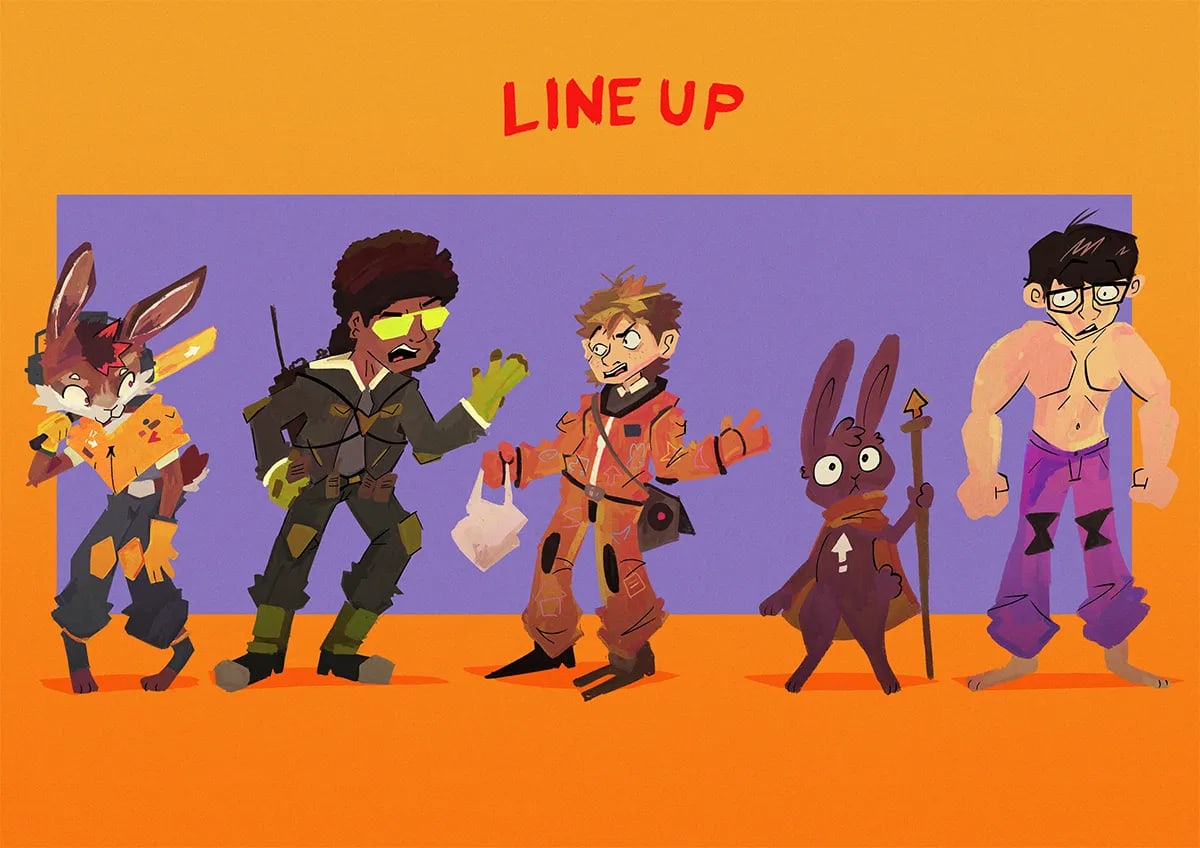 Line up con los cinco personajes del proyecto puestos en fila, de Joel Toapanta, alumno de Ilustración y Animación 2D en TRAZOS