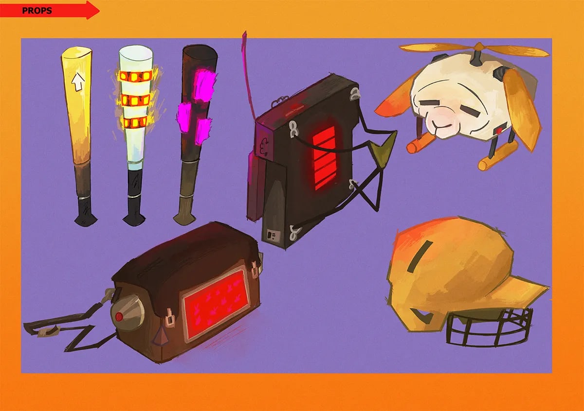 Hoja de diseño de props con bates, casco y dispositivos del proyecto, de Joel Toapanta, alumno de Ilustración y Animación 2D en TRAZOS
