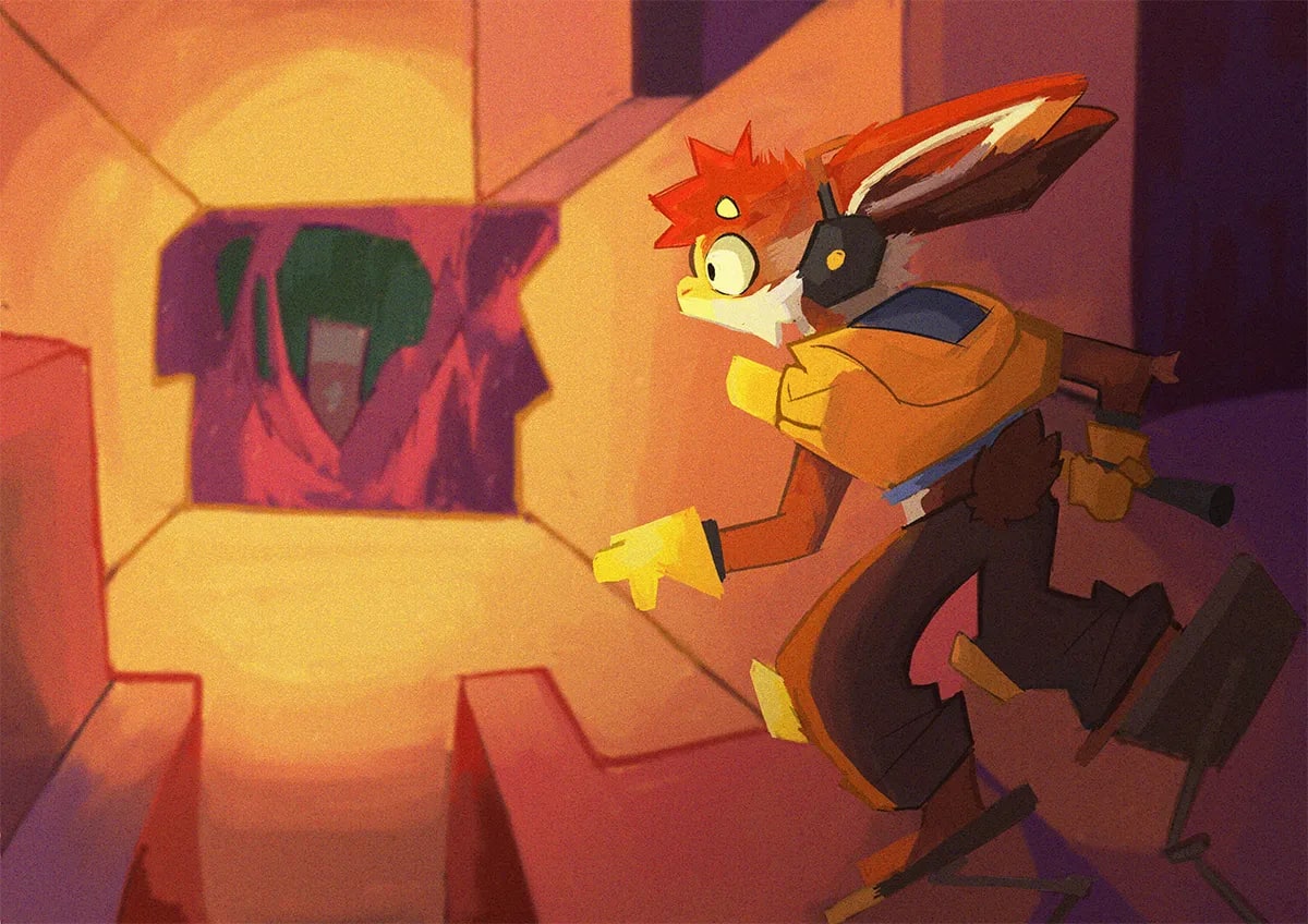 Ilustración del personaje conejo Ponk corriendo por una estación de metro iluminada, de Joel Toapanta, alumno de Ilustración y Animación 2D en TRAZOS