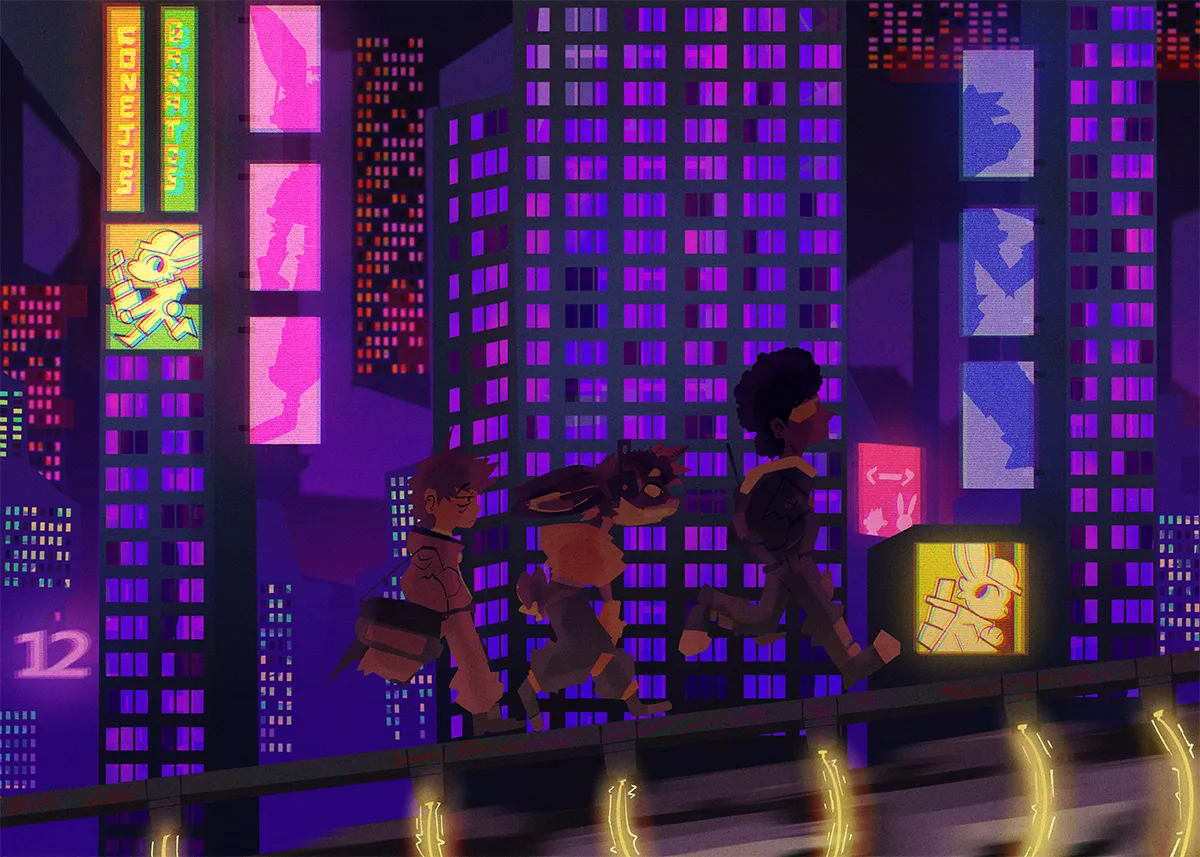 Ilustración de una ciudad nocturna con neones y los personajes caminando por una pasarela, de Joel Toapanta, alumno de Ilustración y Animación 2D en TRAZOS