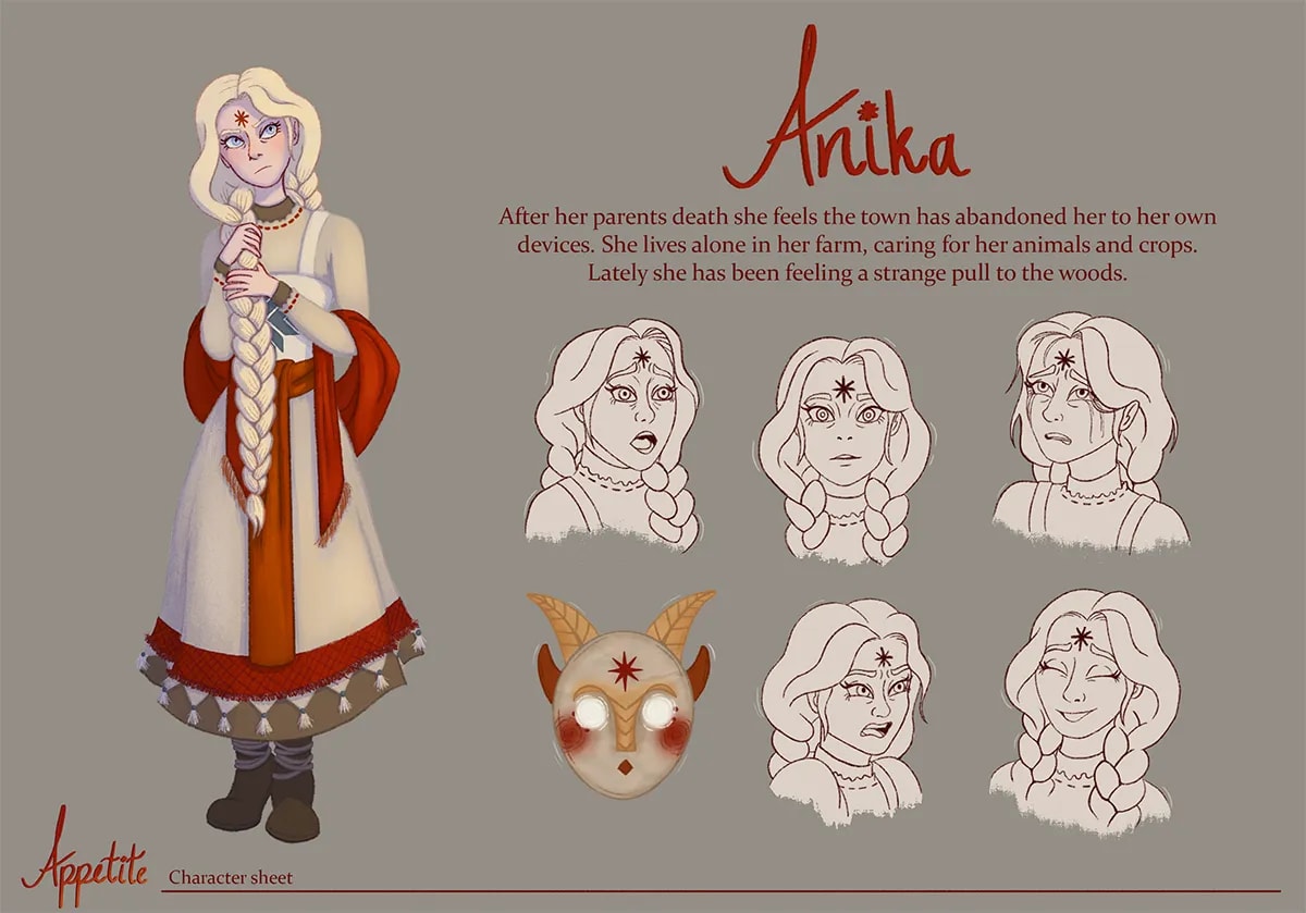 Hoja de diseño del personaje Anika con vestido tradicional y expresiones, de Manuela Urrea, alumna de Ilustración y Animación 2D en TRAZOS