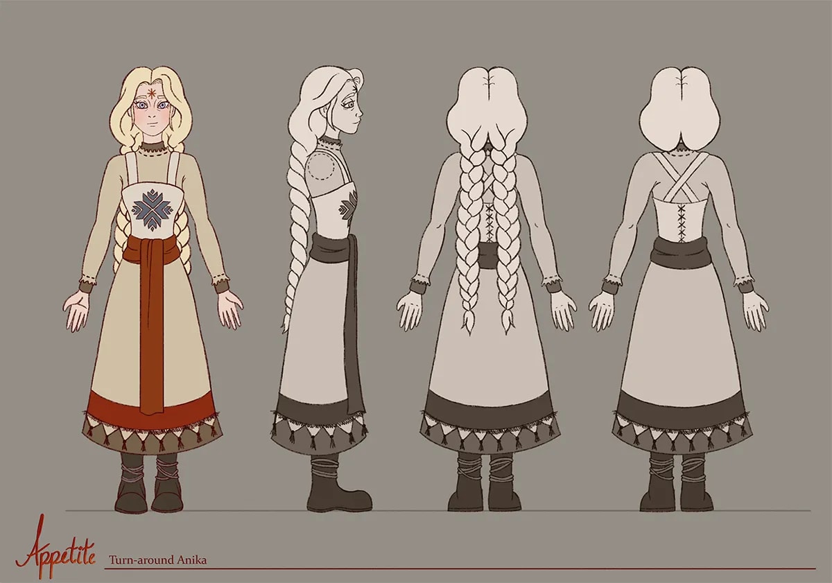 Turnaround del personaje Anika con vistas frontal, lateral y trasera, de Manuela Urrea, alumna de Ilustración y Animación 2D en TRAZOS