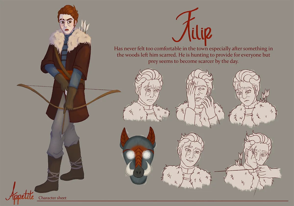 Hoja de diseño del personaje cazador Filip con arco y expresiones, de Manuela Urrea, alumna de Ilustración y Animación 2D en TRAZOS