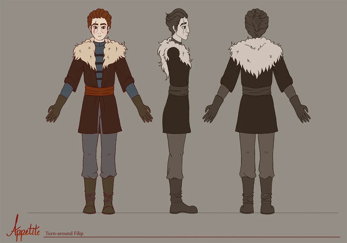 Turnaround del personaje Filip con vistas frontal, lateral y trasera, de Manuela Urrea, alumna de Ilustración y Animación 2D en TRAZOS