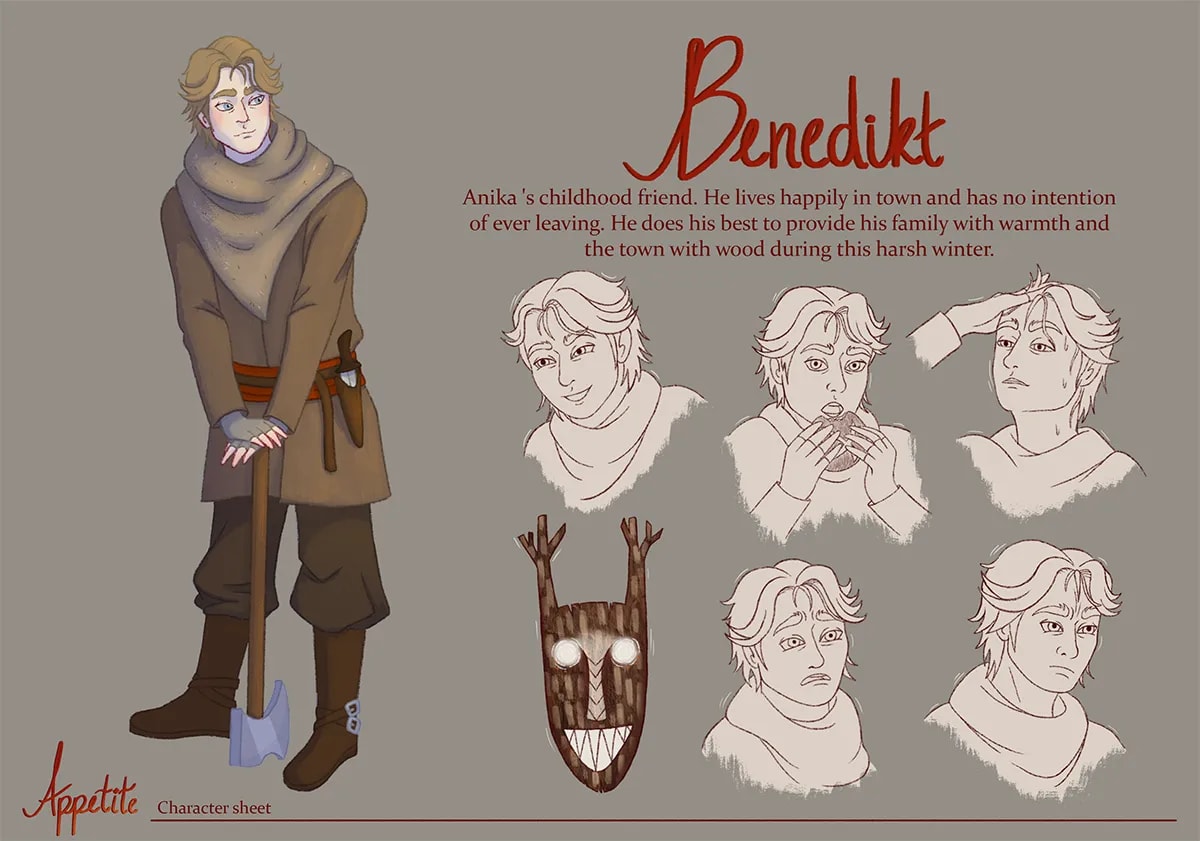 Hoja de diseño del personaje Benedikt con hacha y expresiones, de Manuela Urrea, alumna de Ilustración y Animación 2D en TRAZOS