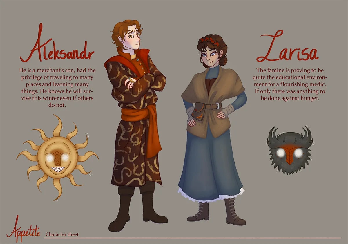 Hoja de diseño de los personajes Aleksandr y Larisa con sus máscaras, de Manuela Urrea, alumna de Ilustración y Animación 2D en TRAZOS