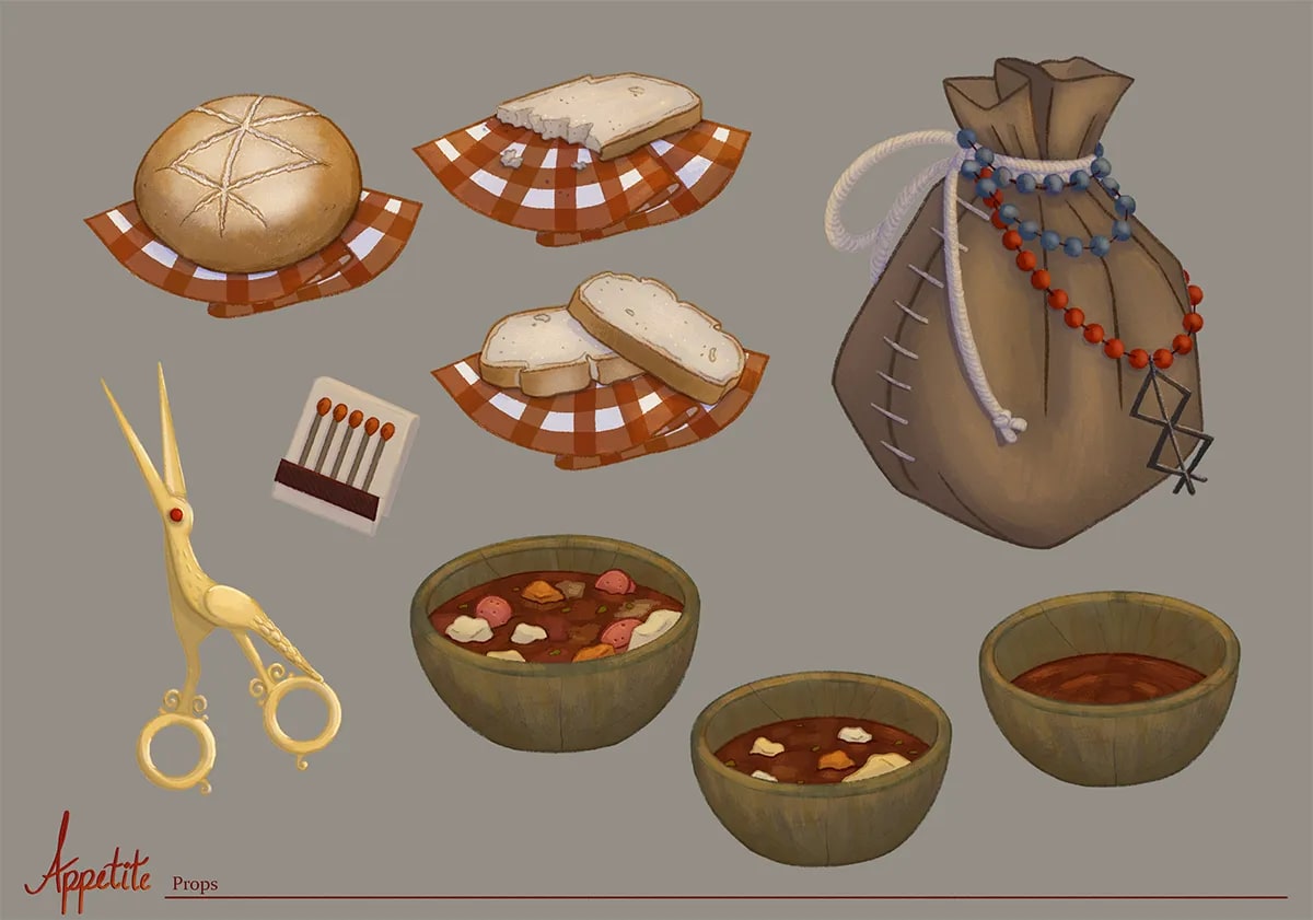 Hoja de props con pan, cuencos de sopa, tijeras y una bolsa del proyecto Appetite, de Manuela Urrea, alumna de Ilustración y Animación 2D en TRAZOS