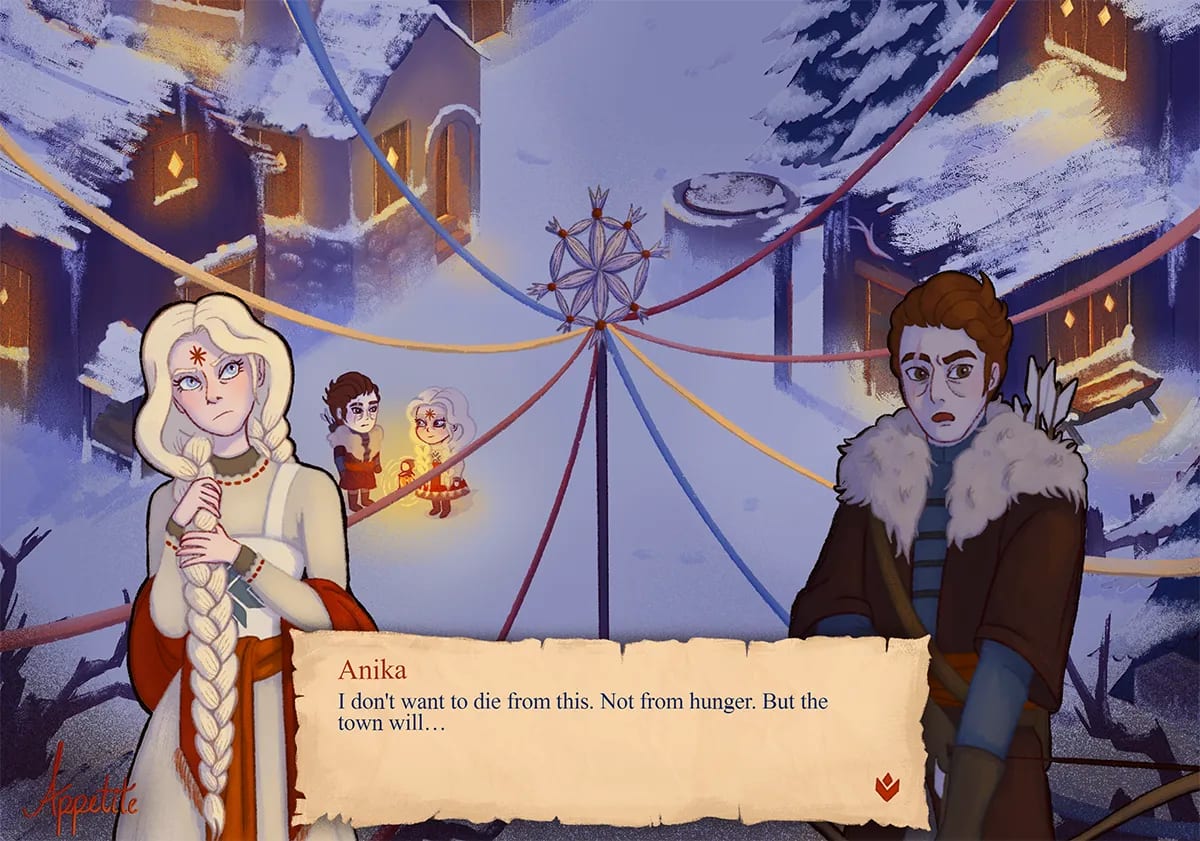 Ilustración del proyecto Appetite con Anika en un pueblo nevado y un cuadro de diálogo, de Manuela Urrea, alumna de Ilustración y Animación 2D en TRAZOS