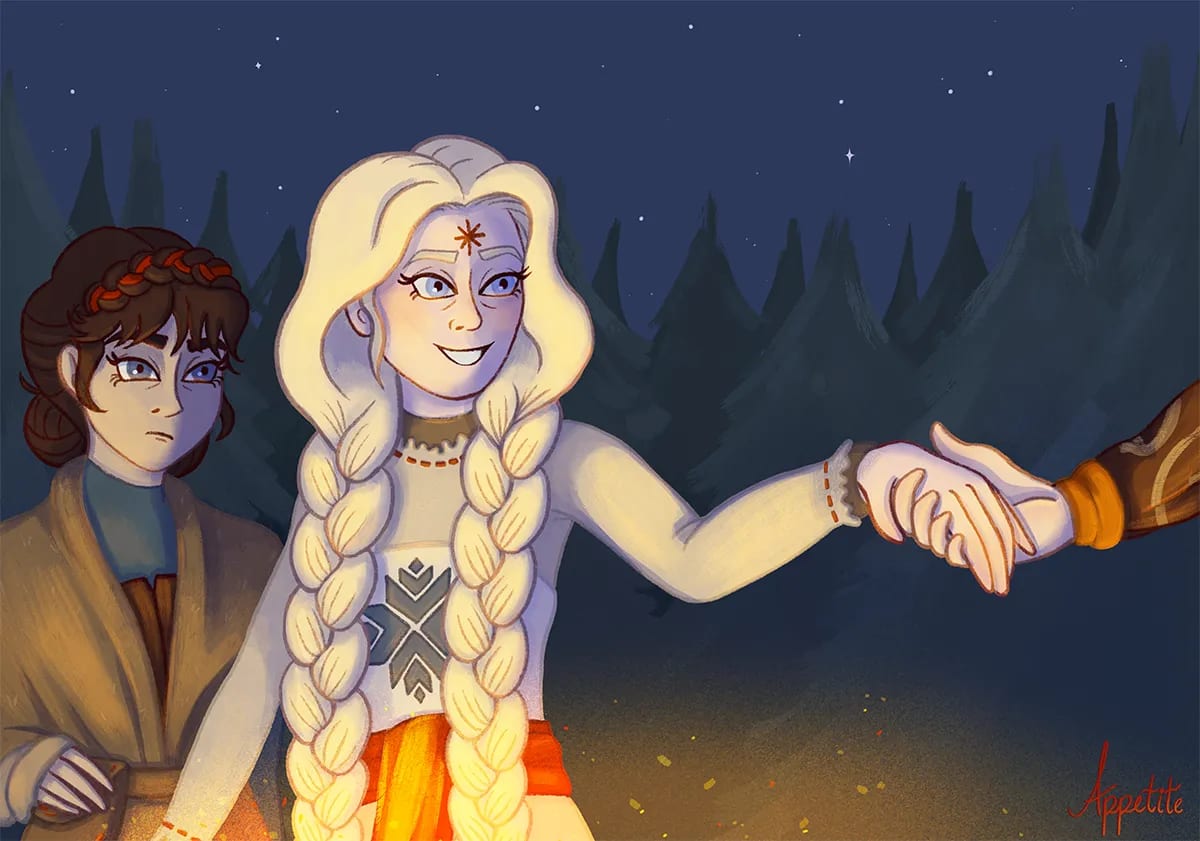 Ilustración nocturna de Anika tendiendo la mano junto a una hoguera en el bosque, de Manuela Urrea, alumna de Ilustración y Animación 2D en TRAZOS