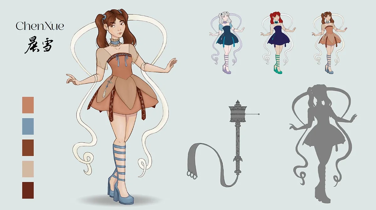 Hoja de diseño del personaje ChenXue con variaciones de color y silueta, de Elena de la Garma, alumna de Ilustración y Animación 2D en TRAZOS