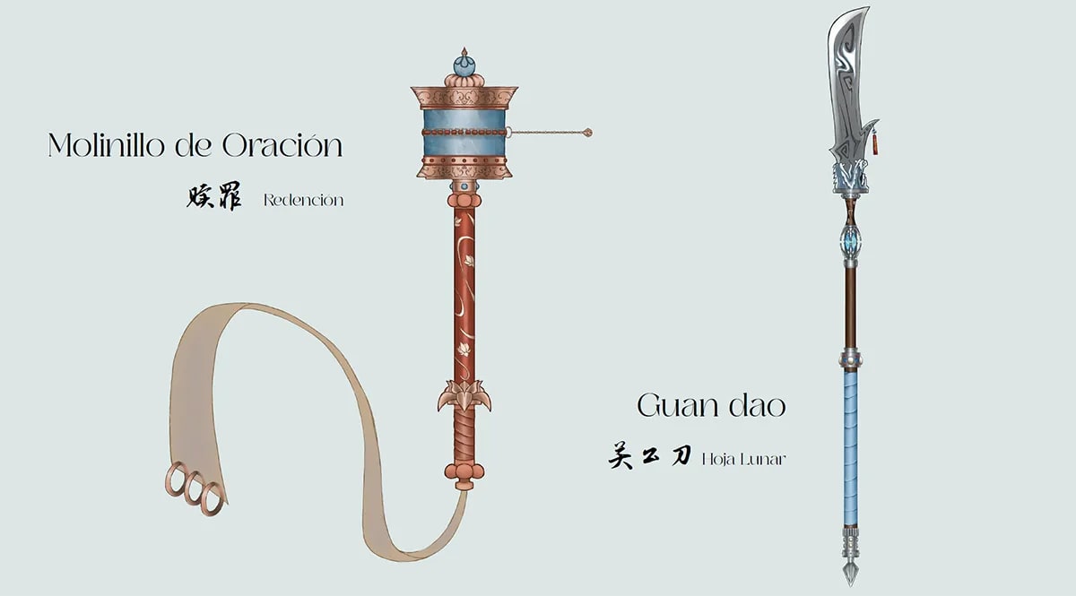 Diseño de armas, un molinillo de oración y un guan dao, de Elena de la Garma, alumna de Ilustración y Animación 2D en TRAZOS