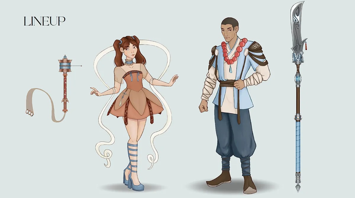 Lineup de los dos personajes principales junto a sus armas, de Elena de la Garma, alumna de Ilustración y Animación 2D en TRAZOS