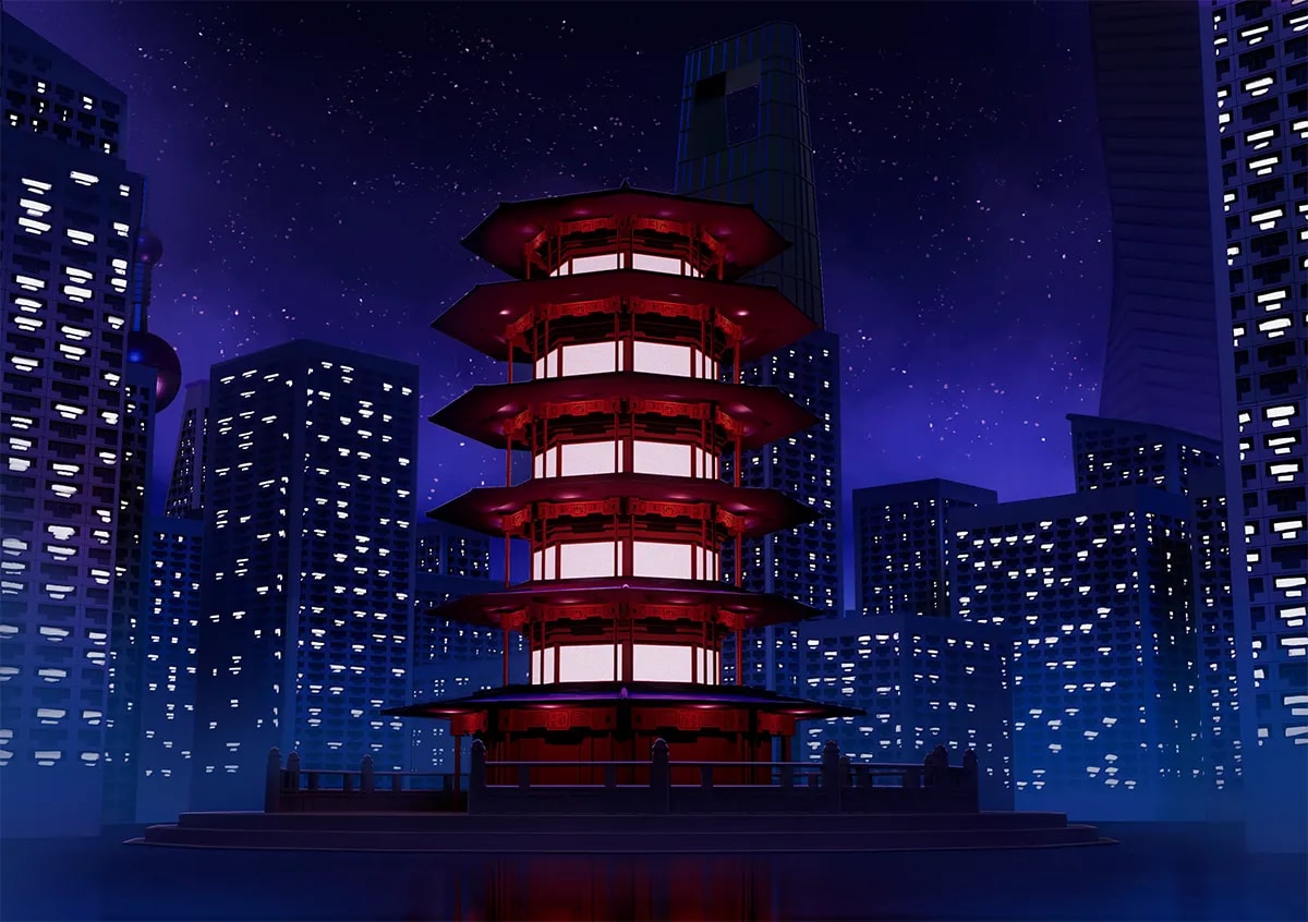 Ilustración de una pagoda roja iluminada entre rascacielos de una ciudad nocturna, de Elena de la Garma, alumna de Ilustración y Animación 2D en TRAZOS