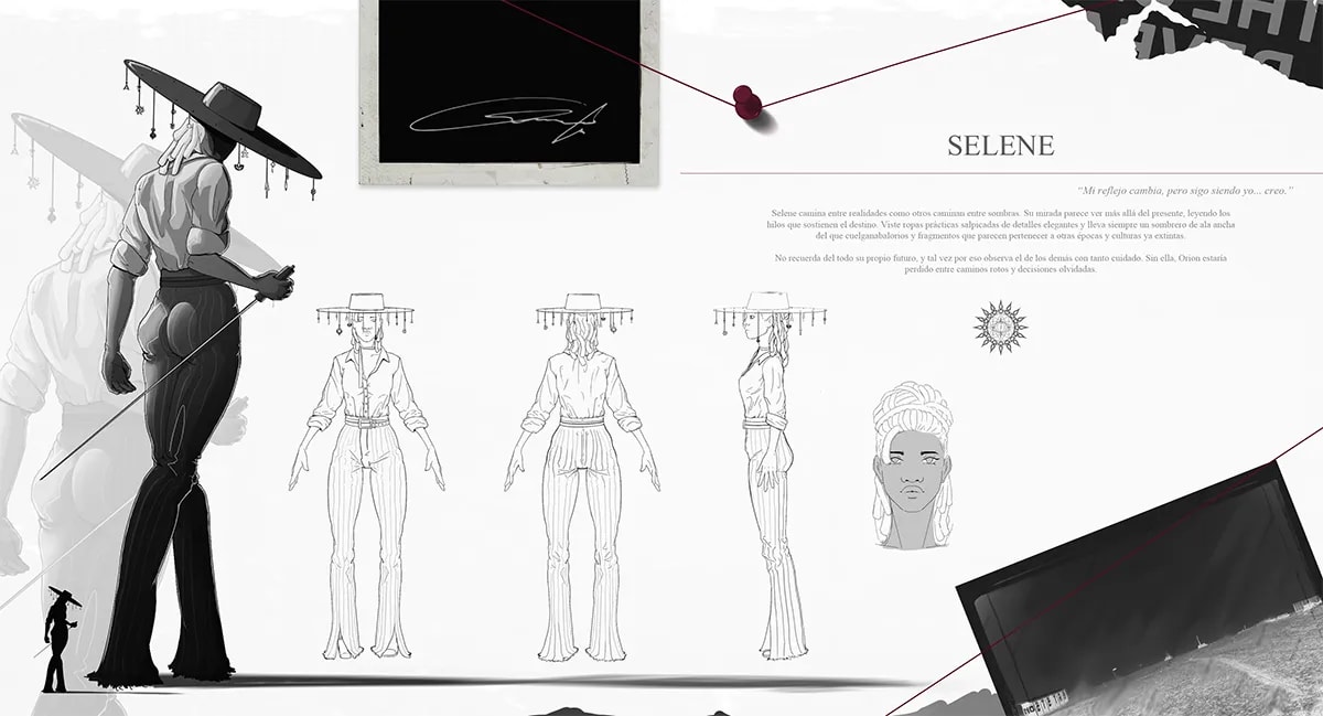 Hoja de diseño del personaje Selene con vistas de turnaround y descripción, de Sonia Hoyas Sánchez, alumna de Ilustración y Animación 2D en TRAZOS