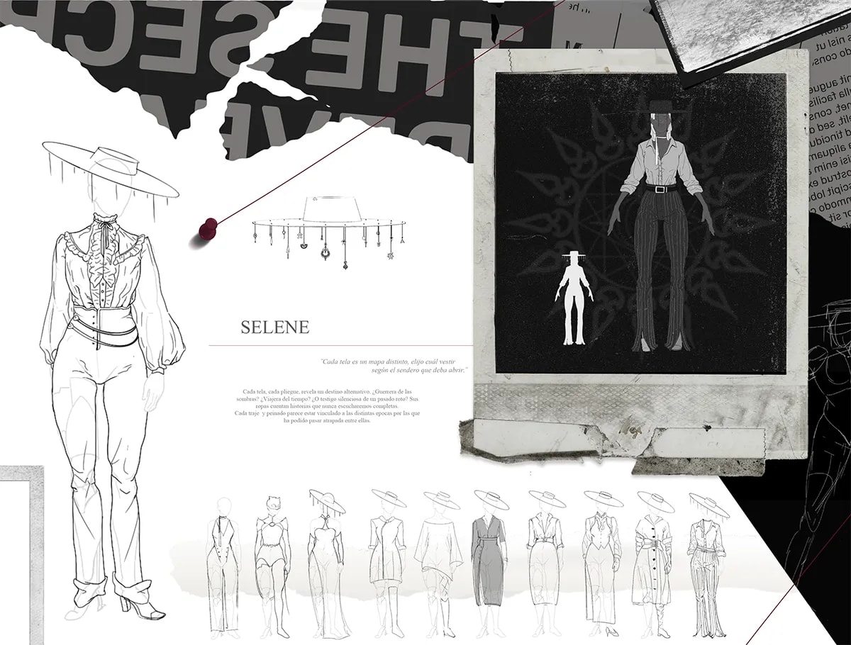 Hoja de diseño de vestuario del personaje Selene con exploración de siluetas y variaciones de traje, de Sonia Hoyas Sánchez, alumna de Ilustración y Animación 2D en TRAZOS