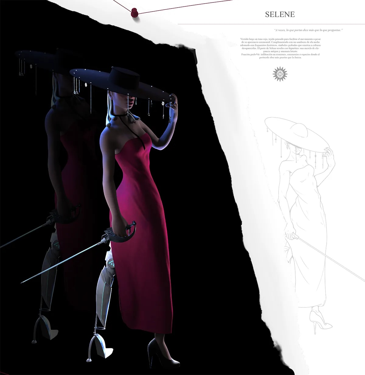 Lámina de presentación del personaje Selene con vestido rojo y espada junto a un boceto lineal y descripción, de Sonia Hoyas Sánchez, alumna de Ilustración y Animación 2D en TRAZOS