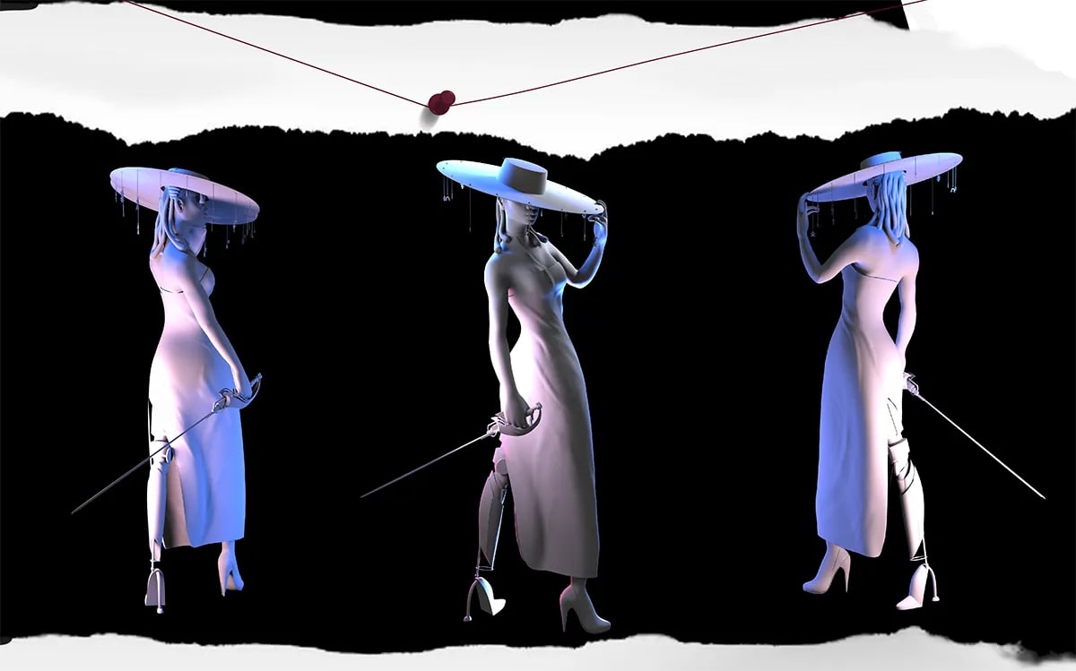 Turnaround de modelado 3D del personaje Selene en render gris visto desde tres ángulos, de Sonia Hoyas Sánchez, alumna de Ilustración y Animación 2D en TRAZOS