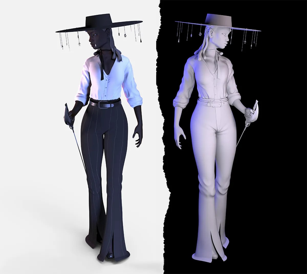 Render 3D del personaje Selene con camisa blanca y pantalon oscuro en versión texturizada y versión clay, de Sonia Hoyas Sánchez, alumna de Ilustración y Animación 2D en TRAZOS