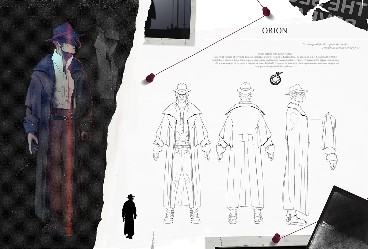 Hoja de diseño del personaje Orion, un hombre con gabardina larga y sombrero, con vistas de turnaround y descripción, de Sonia Hoyas Sánchez, alumna de Ilustración y Animación 2D en TRAZOS