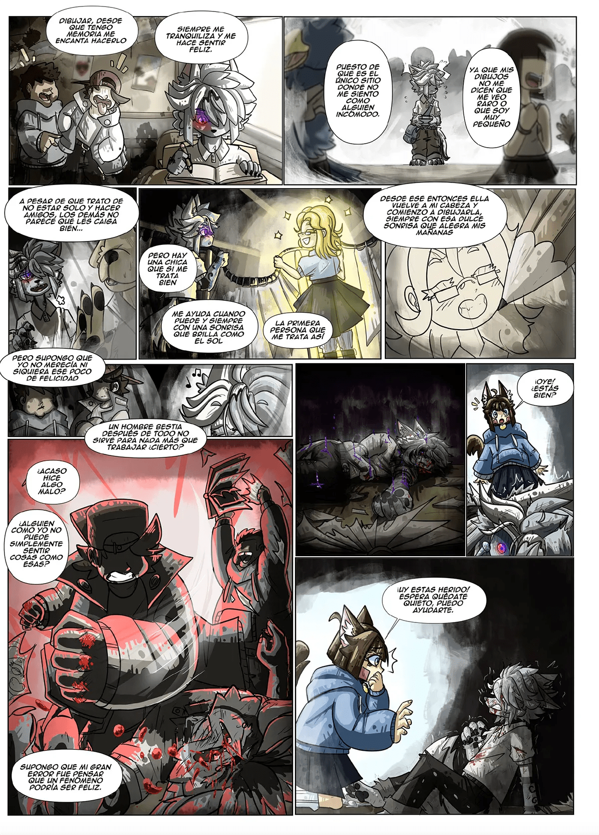 Concept art de una página de cómic en blanco y negro con varias viñetas, de Alejandro Chacón, alumno de Concept Art en TRAZOS