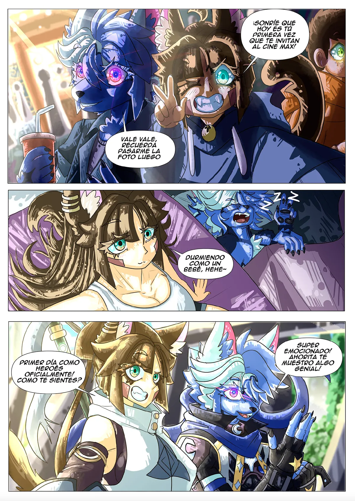 Concept art de una página de cómic con viñetas a color y diálogos, de Alejandro Chacón, alumno de Concept Art en TRAZOS