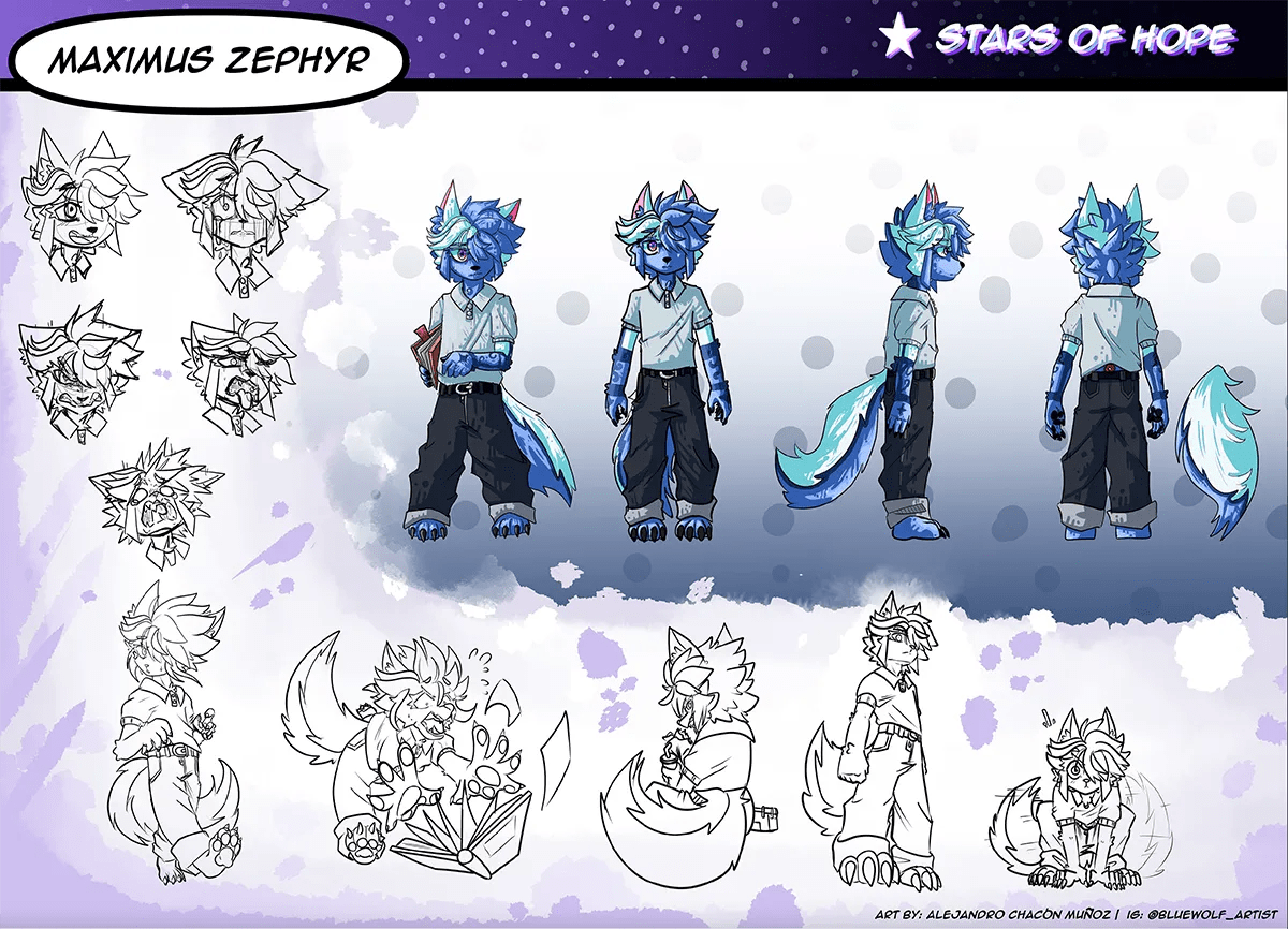 Concept art de la hoja del personaje Maximus Zephyr del proyecto Stars of Hope con turnaround, de Alejandro Chacón, alumno de Concept Art en TRAZOS