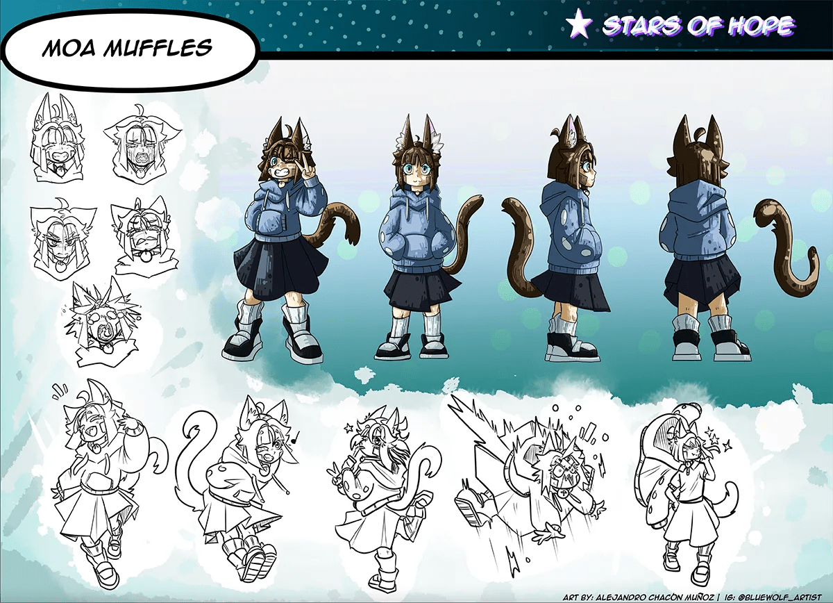 Concept art de la hoja del personaje Noa Muffles del proyecto Stars of Hope con turnaround, de Alejandro Chacón, alumno de Concept Art en TRAZOS