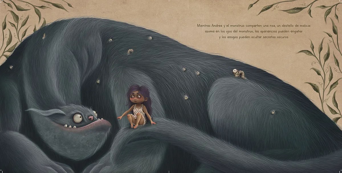Doble página de libro infantil ilustrado con Andrea, una niña sentada sobre un gran monstruo peludo, de Carlota Coca Landabarea, alumna de Ilustración y Animación 2D en TRAZOS