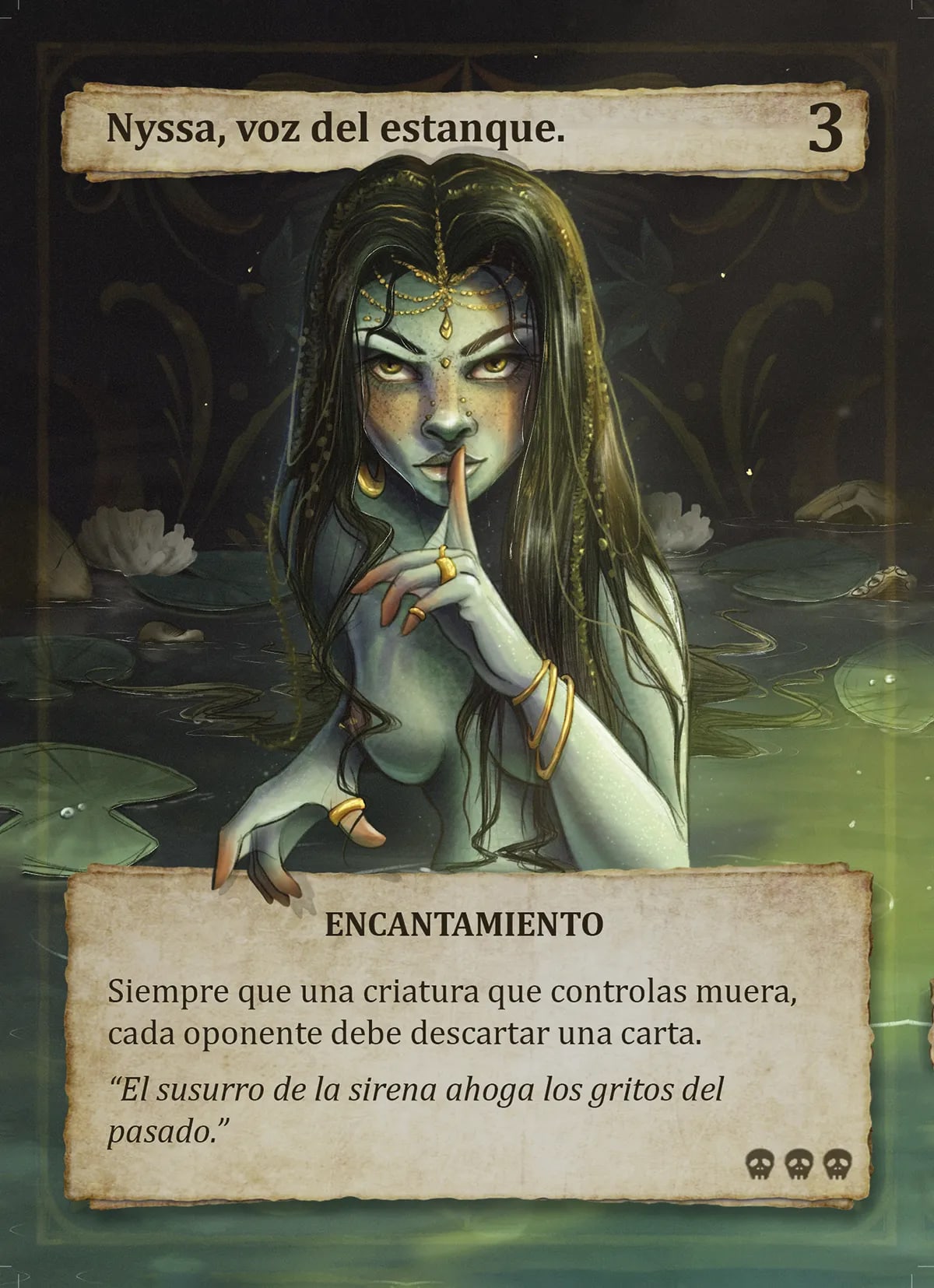 Carta de juego ilustrada de Nyssa, voz del estanque, una sirena entre nenúfares, de Carlota Coca Landabarea, alumna de Ilustración y Animación 2D en TRAZOS