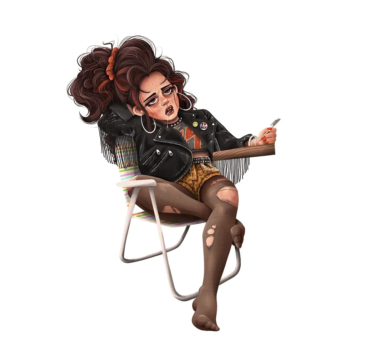 Render 3D de una chica con cazadora de cuero y estilo rock sentada en una silla plegable mirando el movil, de Carlota Coca Landabarea, alumna de Ilustración y Animación 2D en TRAZOS
