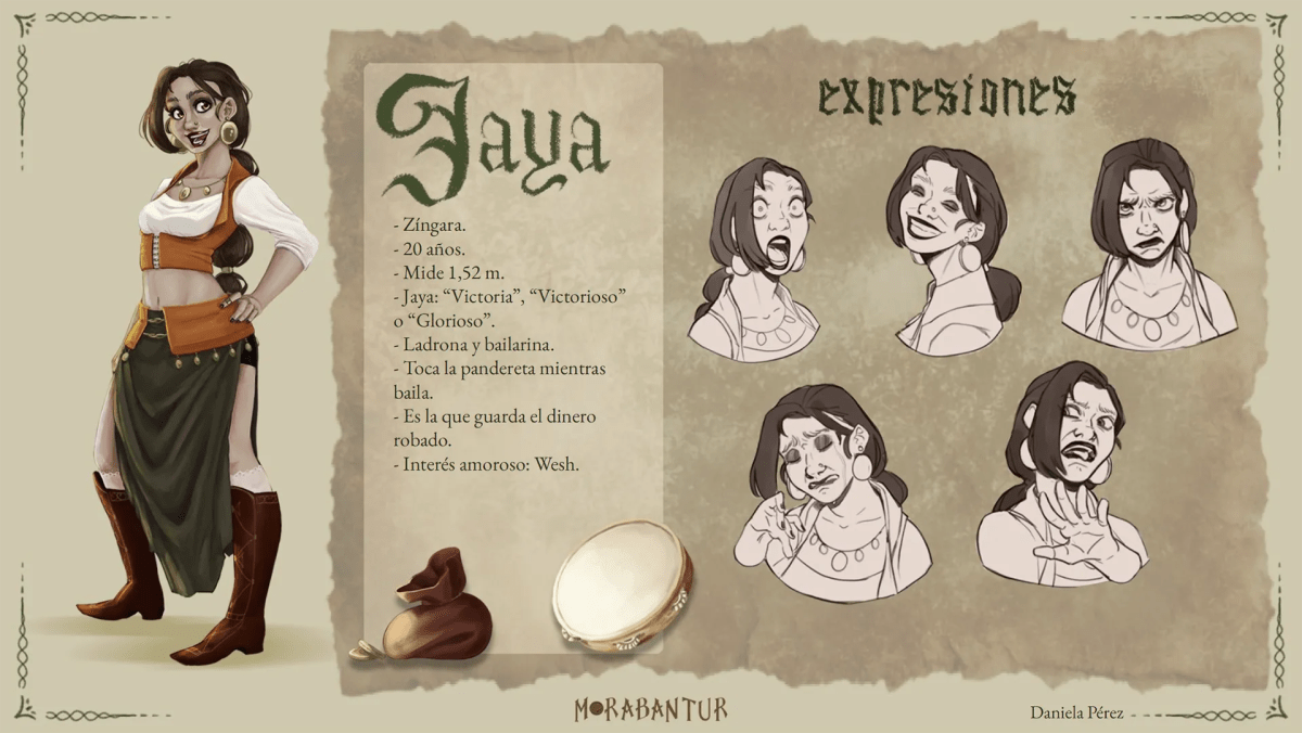 Ficha del personaje Jaya, una zingara bailarina y ladrona, con expresiones y props del proyecto Morabantur, de Daniela Pérez Cilleros, alumna de Ilustración y Animación 2D en TRAZOS