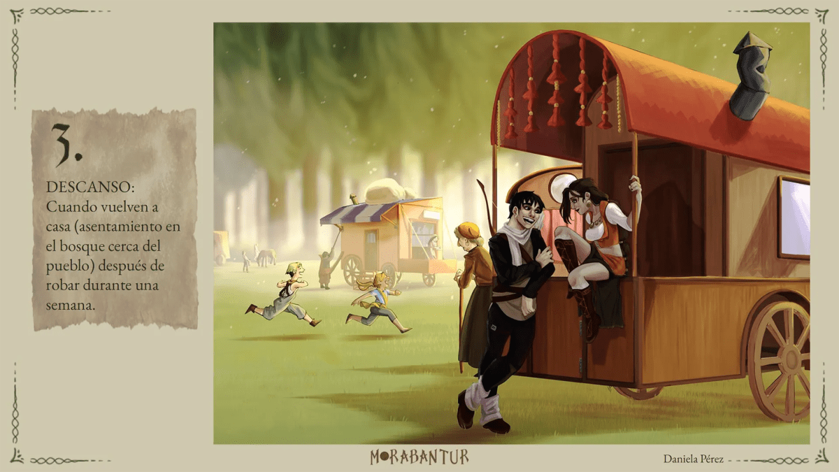 Ilustración de Wesh y Jaya descansando junto a una caravana en un campamento del bosque, de Daniela Pérez Cilleros, alumna de Ilustración y Animación 2D en TRAZOS