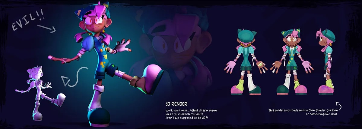 Render 3D de un personaje de pelo morado con sombreado cartoon, de Elisa Romero Fernández, alumna de Ilustración y Animación 2D en TRAZOS