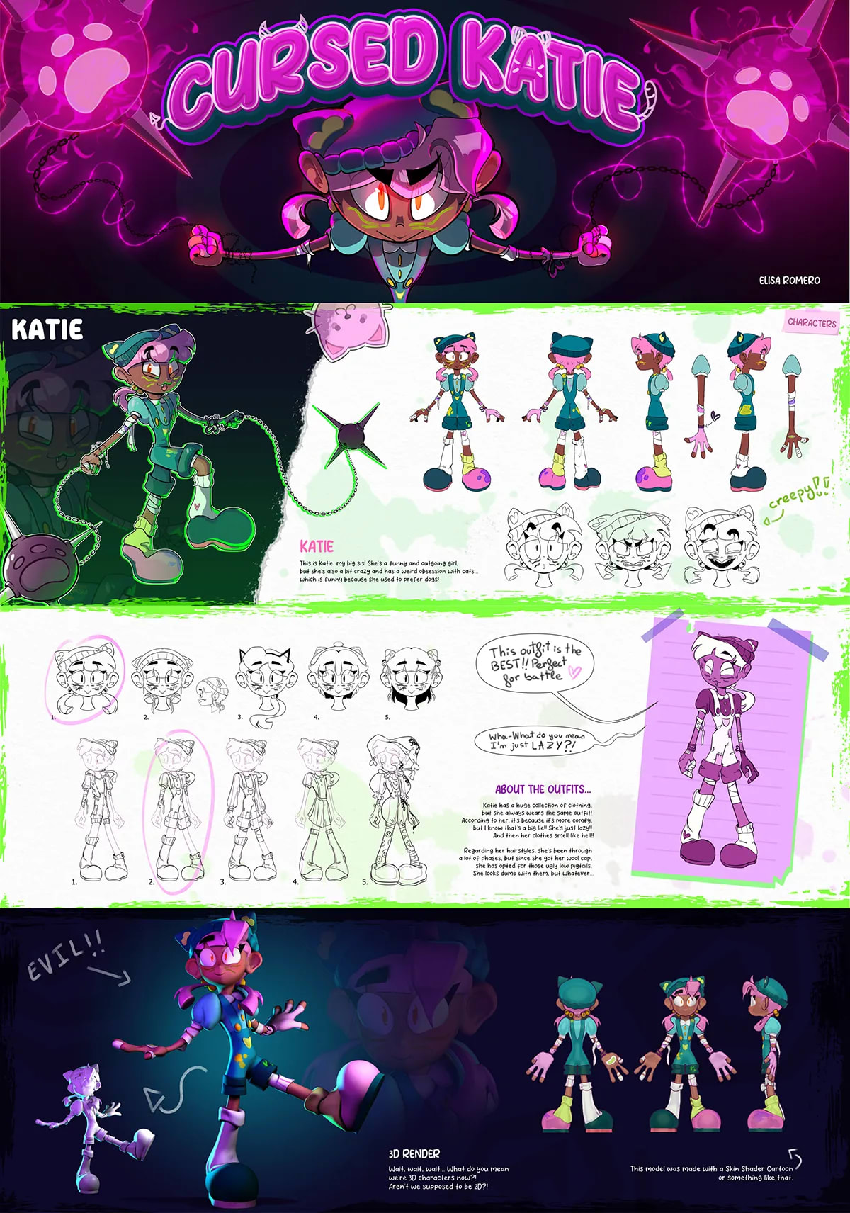 Hoja de diseño del personaje Cursed Katie con turnaround, expresiones, outfits y render 3D, de Elisa Romero Fernández, alumna de Ilustración y Animación 2D en TRAZOS