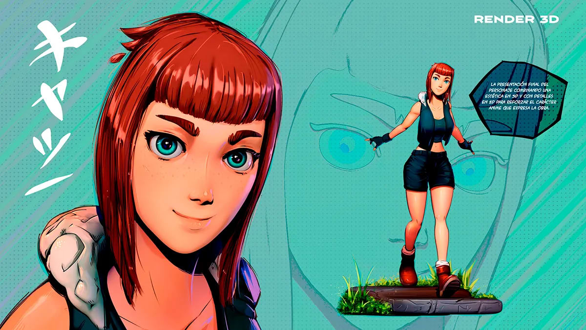 Lámina con el render 3D final de un personaje femenino pelirrojo de estilo anime, retrato y figura completa, de Christian Zebenzuy, alumno de Ilustración y Animación 2D en TRAZOS
