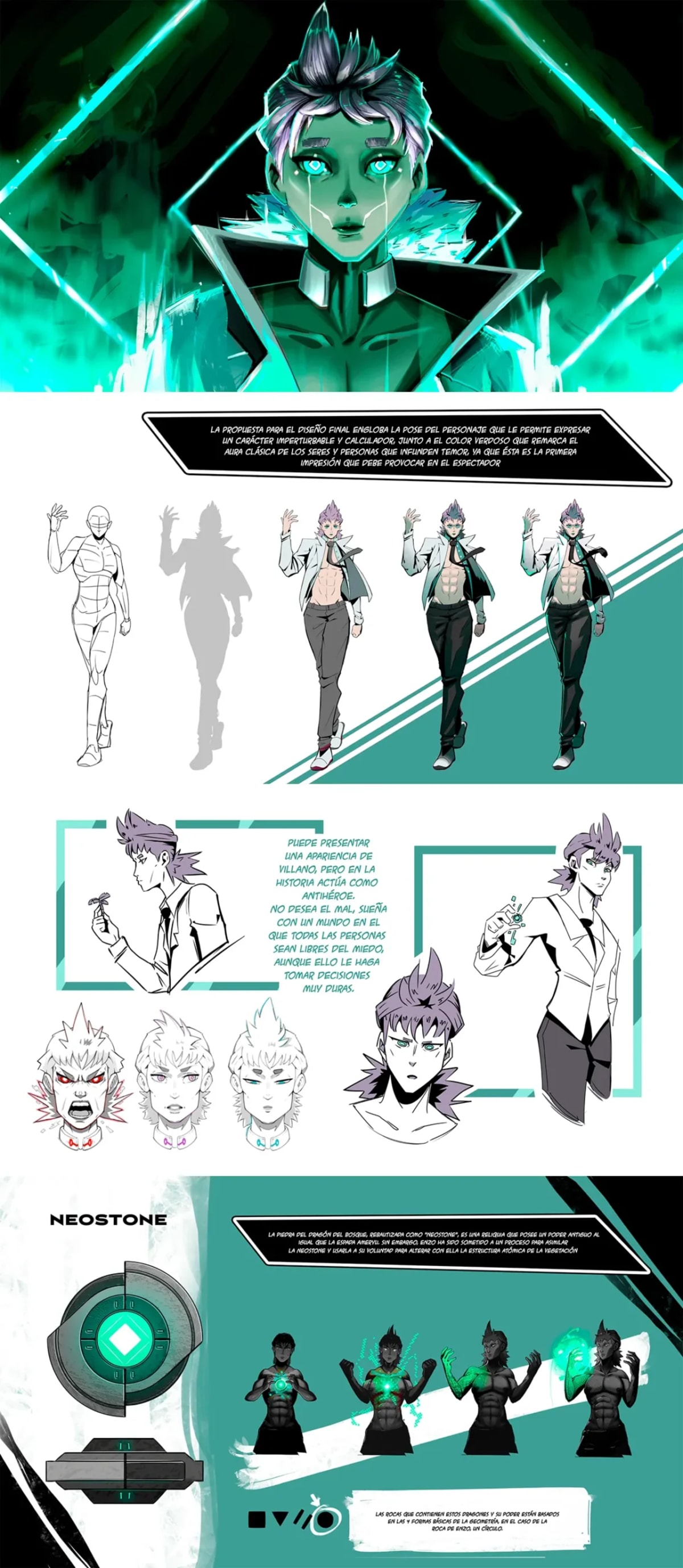 Lámina de diseño del personaje Neostone con turn around, expresiones y estudio de color en verde neón, de Christian Zebenzuy, alumno de Ilustración y Animación 2D en TRAZOS