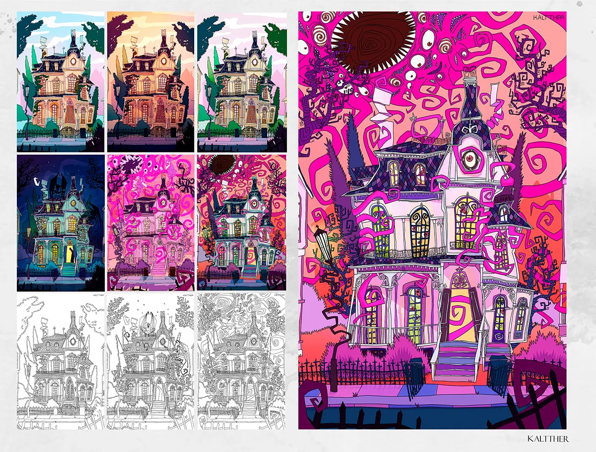 Hoja de concept de una mansión gótica encantada con varias variantes de color en tonos rosa y morado, de Klara Stephanie, alumna de Concept Art en TRAZOS