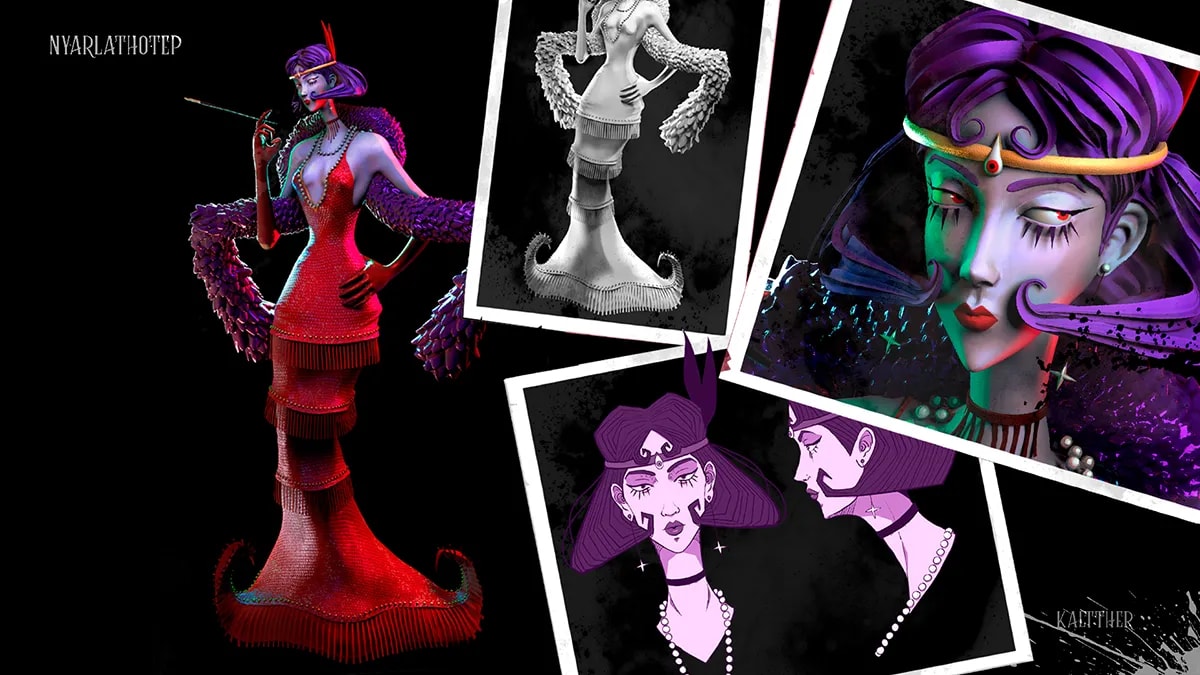 Diseño de personaje del ser Nyarlathotep, una figura elegante de piel morada con vestido rojo y alas de plumas, con vistas de detalle, de Klara Stephanie, alumna de Concept Art en TRAZOS