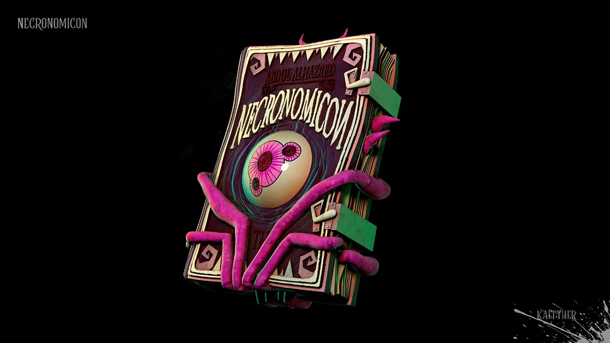 Render 3D del Necronomicon con tentáculos rosados sobre fondo negro, de Klara Stephanie, alumna de Concept Art en TRAZOS