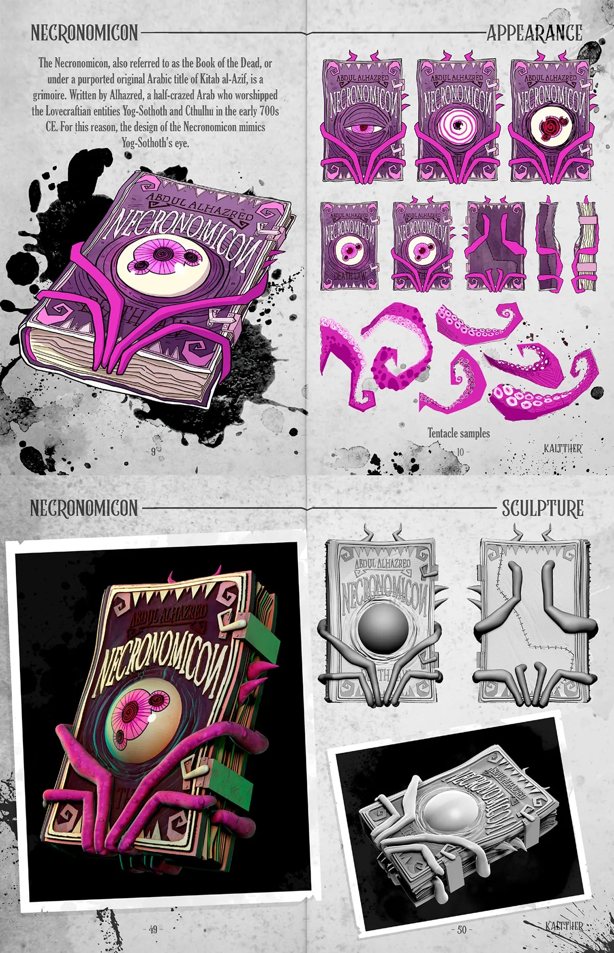 Hoja de diseño del Necronomicon con texto, estudios de apariencia, tentáculos y la escultura del grimorio, de Klara Stephanie, alumna de Concept Art en TRAZOS