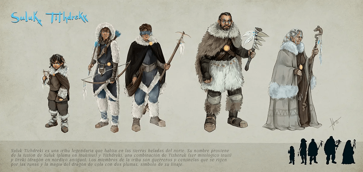 Hoja de concept con el line up de la tribu Suluk Tizhdreki, guerreros del norte con ropa de pieles, de Sofía Simón, alumna de Ilustración y Animación 2D en TRAZOS