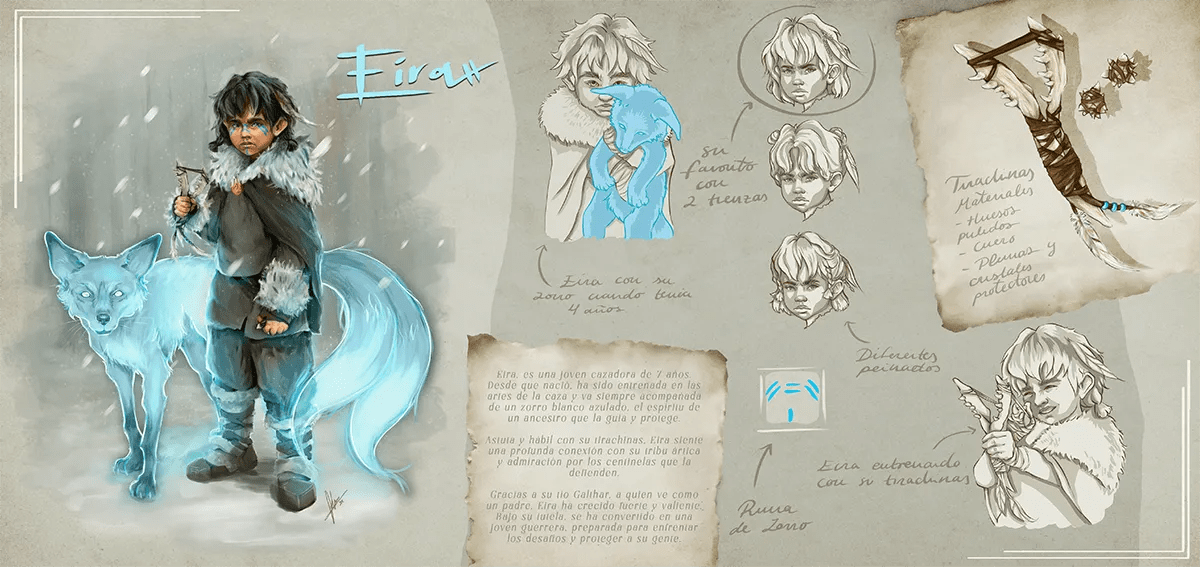 Hoja de diseño del personaje Eira, una joven cazadora con un zorro espíritu, con expresiones, peinados y props, de Sofía Simón, alumna de Ilustración y Animación 2D en TRAZOS