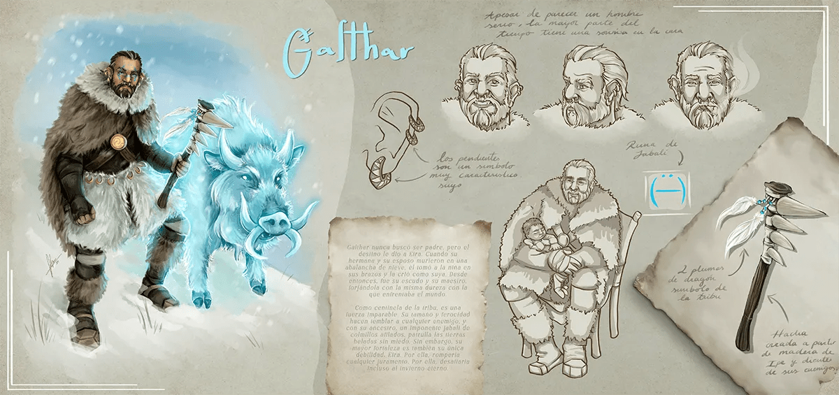 Hoja de diseño del personaje Galthar, un guerrero barbudo con un jabalí espíritu, con expresiones y props, de Sofía Simón, alumna de Ilustración y Animación 2D en TRAZOS