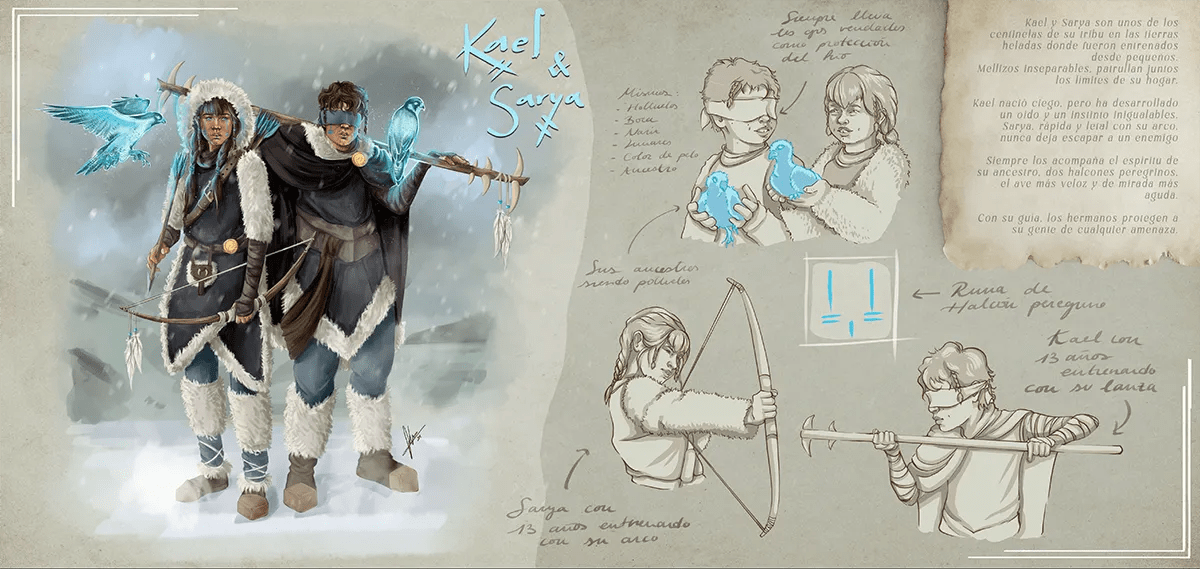 Hoja de diseño de los personajes mellizos Kael y Sarya con sus halcones espíritu, con expresiones y props, de Sofía Simón, alumna de Ilustración y Animación 2D en TRAZOS