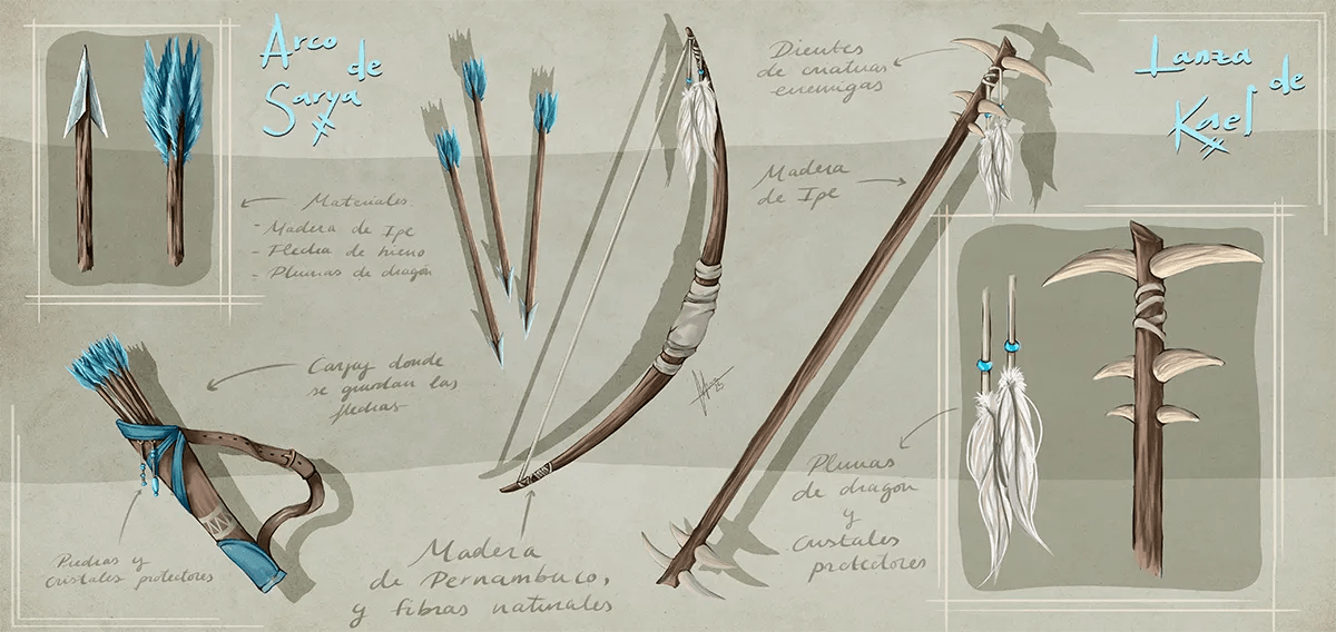 Hoja de diseño de props con el arco de Sarya y la lanza de Kael, con materiales y detalles, de Sofía Simón, alumna de Ilustración y Animación 2D en TRAZOS