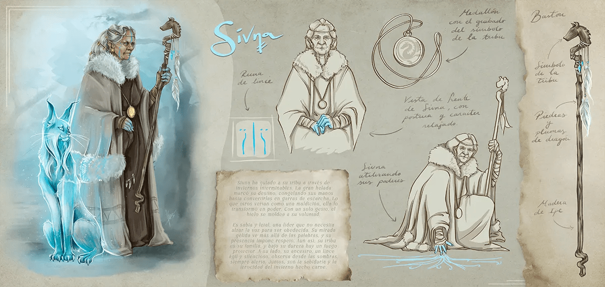 Hoja de diseño del personaje Sivna, una anciana lider chamán con un lince espíritu, bastón y medallón, de Sofía Simón, alumna de Ilustración y Animación 2D en TRAZOS