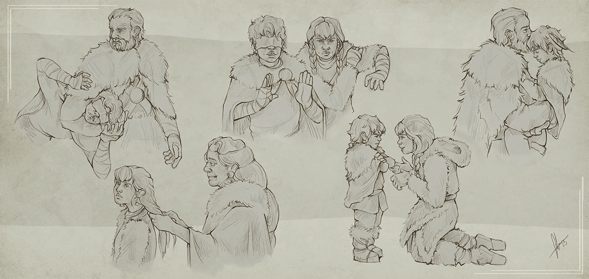Hoja de bocetos a lápiz de los personajes de la tribu en distintas poses y momentos juntos, de Sofía Simón, alumna de Ilustración y Animación 2D en TRAZOS
