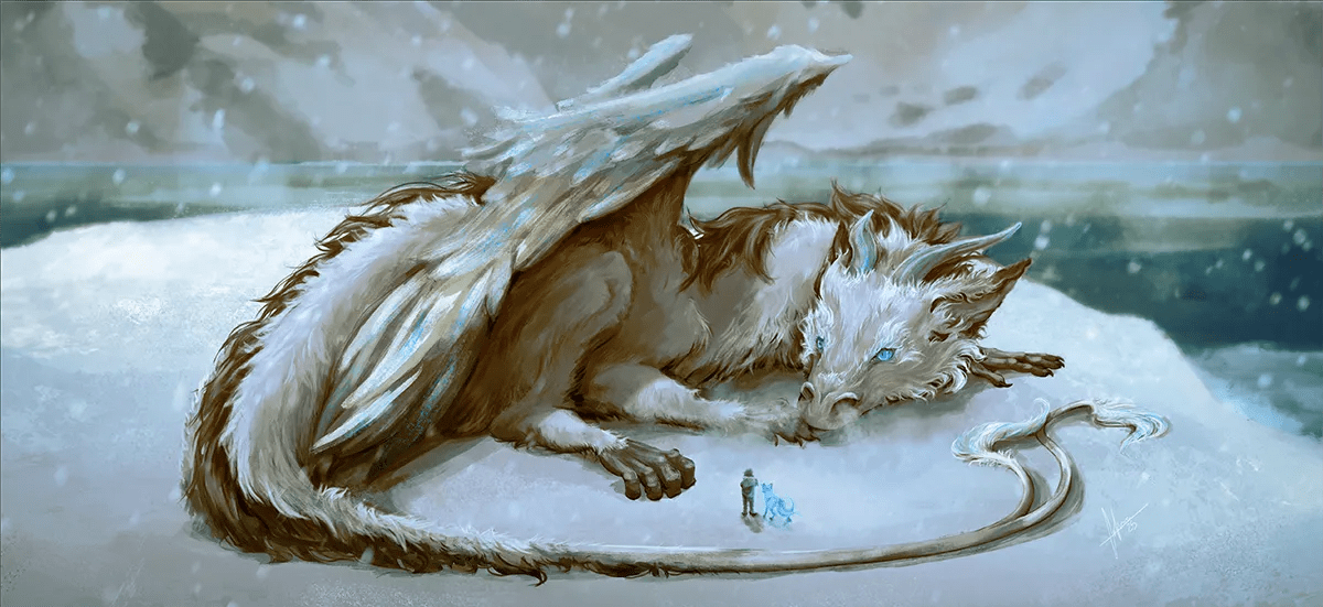 Key art panorámico del dragón peludo y alado acurrucado en la nieve junto a una persona diminuta y un zorro espíritu, de Sofía Simón, alumna de Ilustración y Animación 2D en TRAZOS