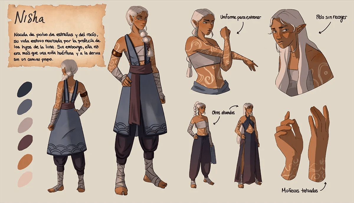 Proceso de diseño de la criatura de Domas en cuatro fases, de boceto azul a color, de Beatriz Granero, alumna de Ilustración y Animación 2D en TRAZOS