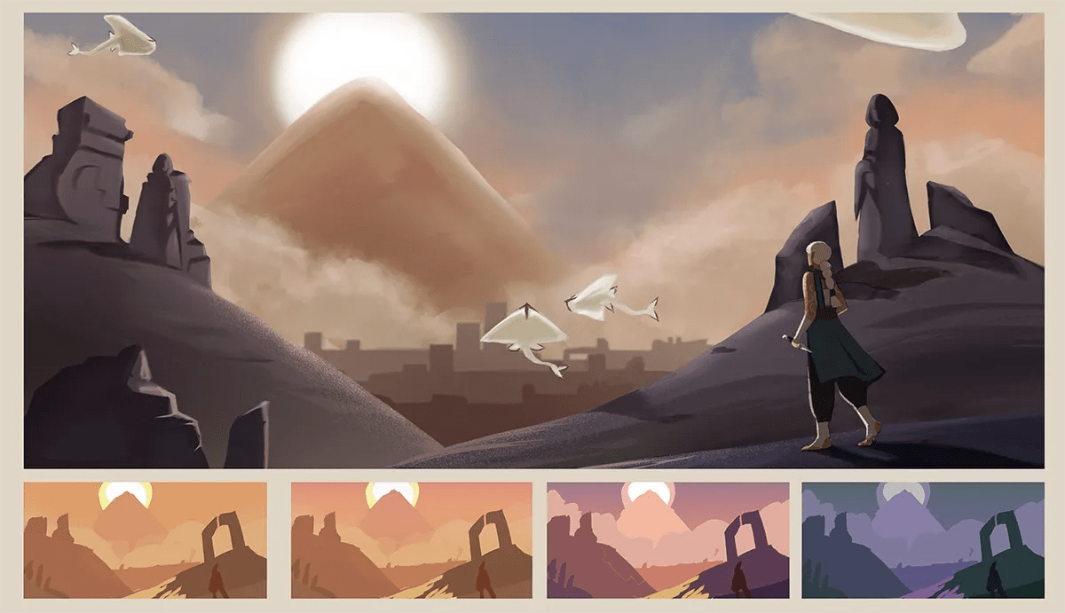 Ilustración de cierre de los tres protagonistas de Domas con una criatura sobre paisaje de montañas turquesa, de Beatriz Granero, alumna de Ilustración y Animación 2D en TRAZOS